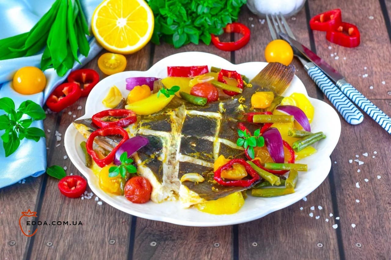 Камбала з овочами в духовці