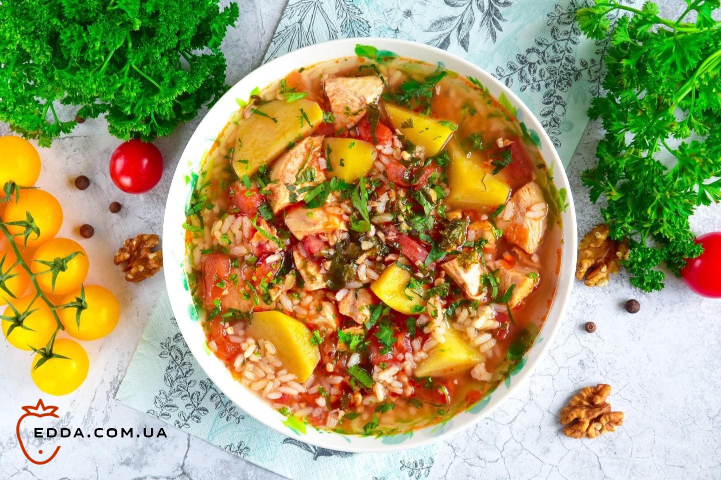 Суп Харчо з куркою рисом та картоплею